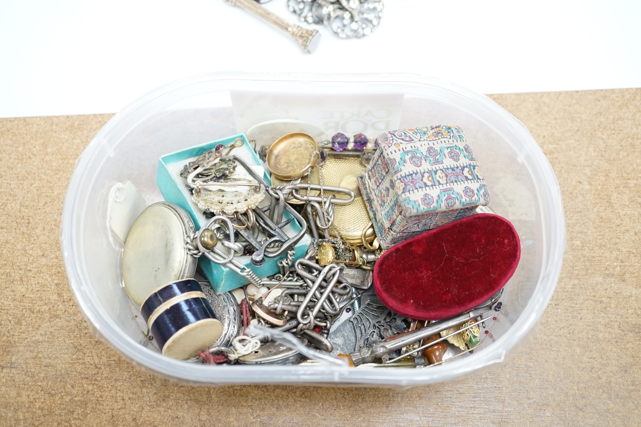 An interesting group of Victorian and later bijouterie, including mourning brooch, paste buckle, pocket watches, rings, wine label, etc.